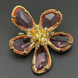 Yellow Gold with Pink Sapphire and White Diamond Crystal Flower Pin Back Brooch